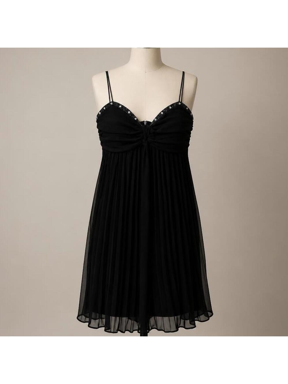 SL Fashions Black Pleated Spaghetti Strap Dress with Beaded Detail Size 12